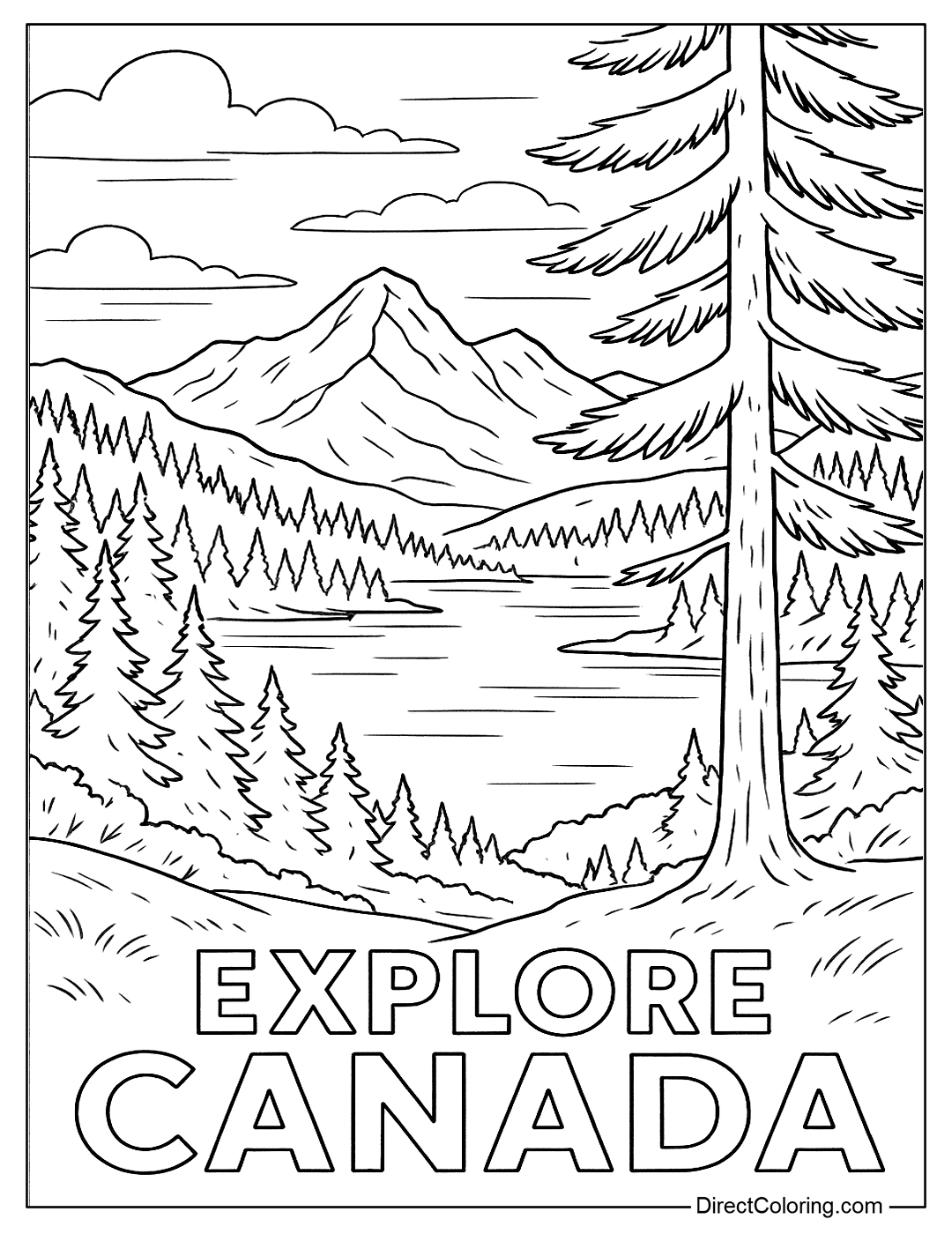 A page to color Canadian natural scenery in a travel poster style, with the words 